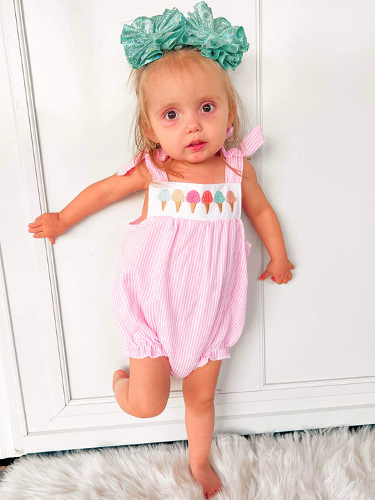 Pink ice cream seersucker romper