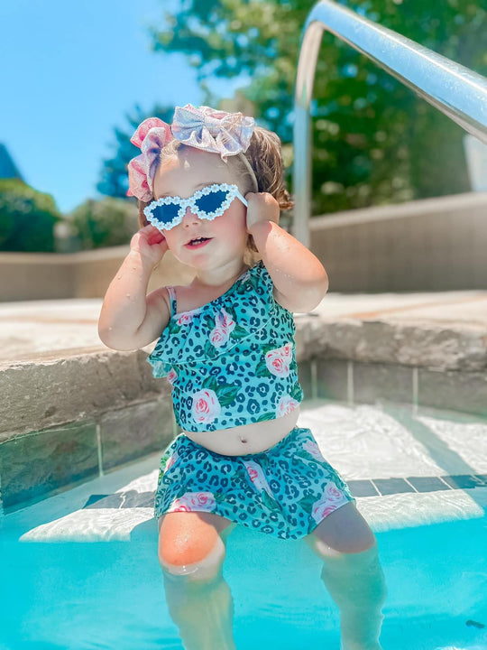 Green floral two piece swim suit