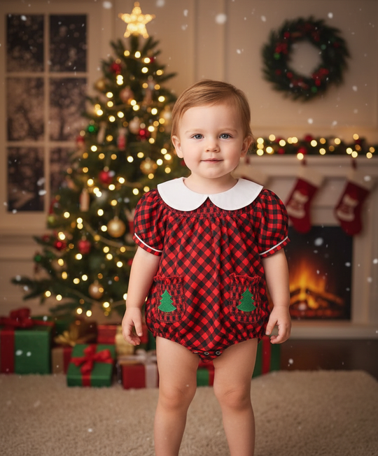 Smocked plaid tree romper
