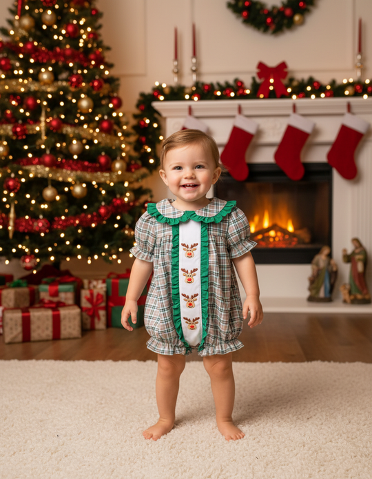 Green plaid reindeer romper