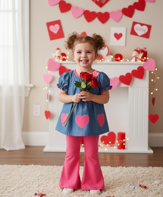 Denim top Heart applique Set