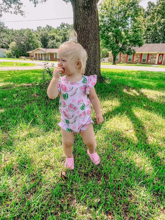 Clover Cottage pink watermelon romper