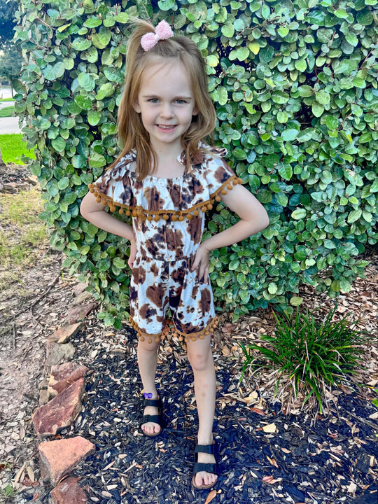 Cow pom pom tie romper