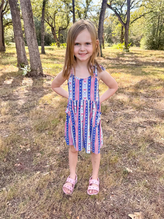USA stripe bow bamboo tie dress with pockets