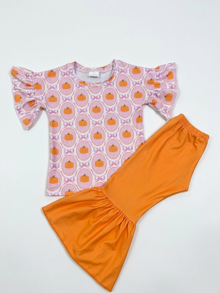 PRE order ships week of 10/12 pumpkin bow ruffle bell set