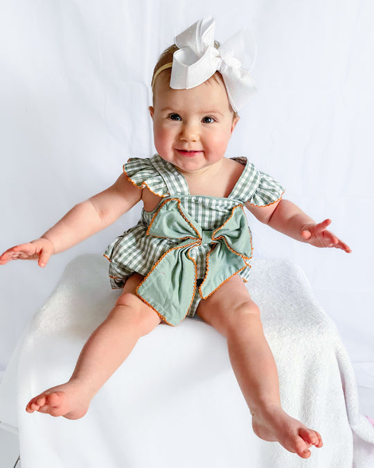 Green woven bow girl romper