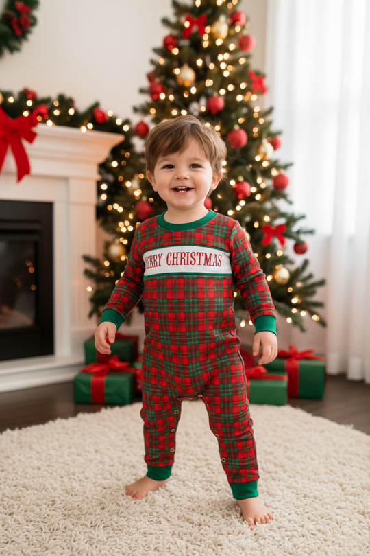 Smocked plaid Merry Christmas Romper
