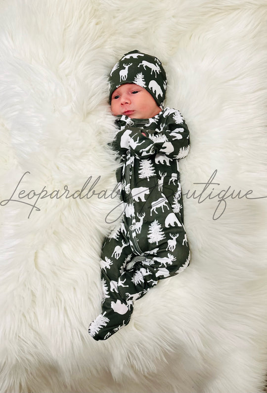 NEWBORN hunter green woodland sleeper Set