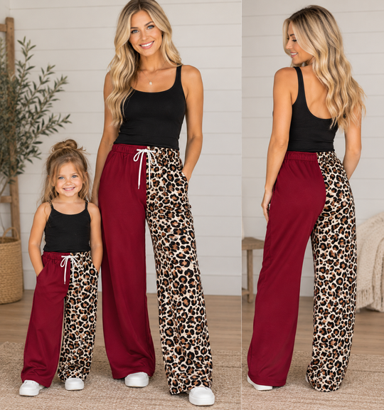 PRE ORDER CLOSES 10/15 Mommy and me Split print pants - Milk silk- leop & maroon TAT 6/7 WEEKS order seperate from RTS!!