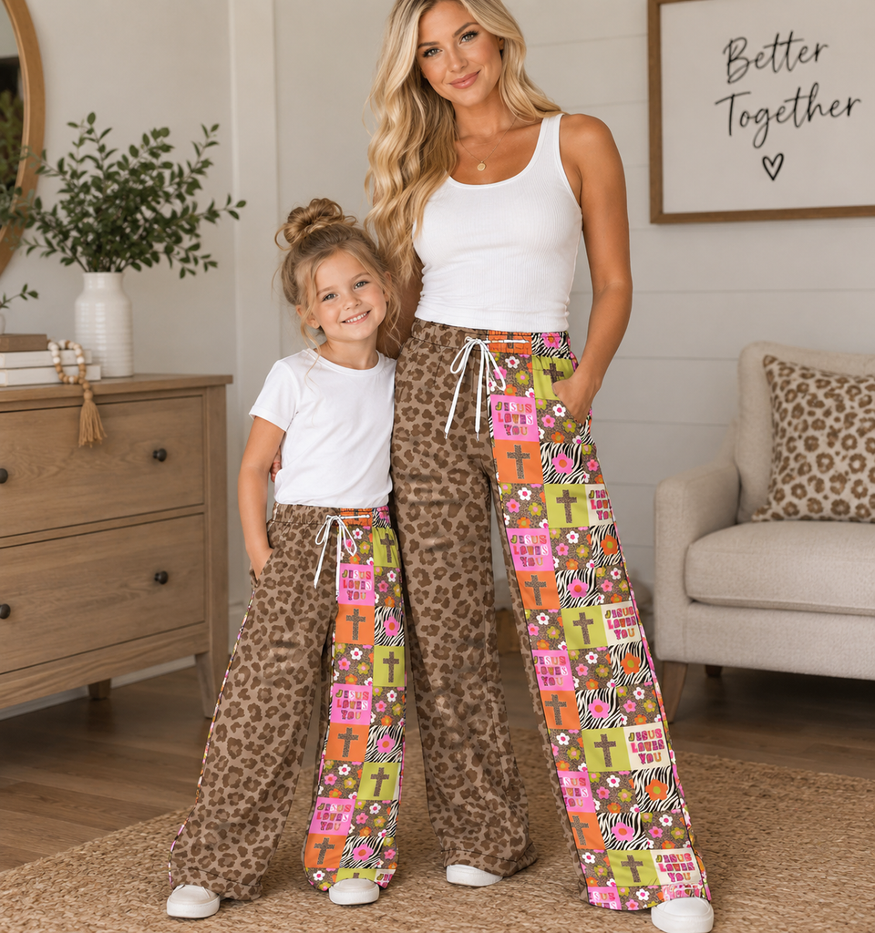PRE ORDER CLOSES 10/15 Mommy and me Split print pants - Milk silk- Jesus loves you TAT 6/7 WEEKS order seperate from RTS!!