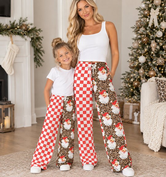 PRE ORDER CLOSES 10/15 Mommy and me Split print pants - Milk silk- leop santa TAT 6/7 WEEKS order seperate from RTS!!