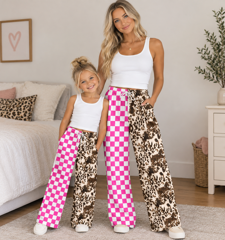 PRE ORDER CLOSES 10/15 Mommy and me Split print pants - Milk silk- cow/pink TAT 6/7 WEEKS order seperate from RTS!!