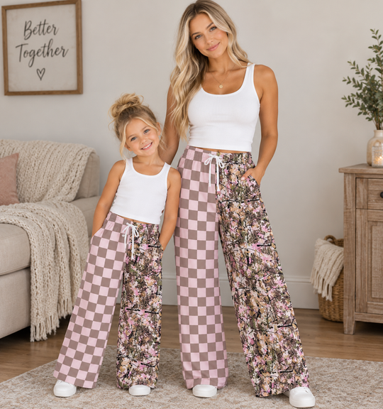 PRE ORDER CLOSES 10/15 Mommy and me Split print pants - Milk silk- camo/ pink TAT 6/7 WEEKS order seperate from RTS!!