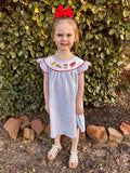 Blue seersucker crawfish embroidery dress