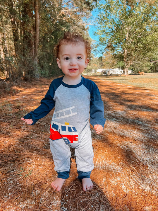 Gray fire truck romper