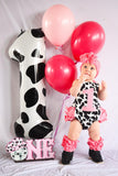 Pink & black cow first birthday romper