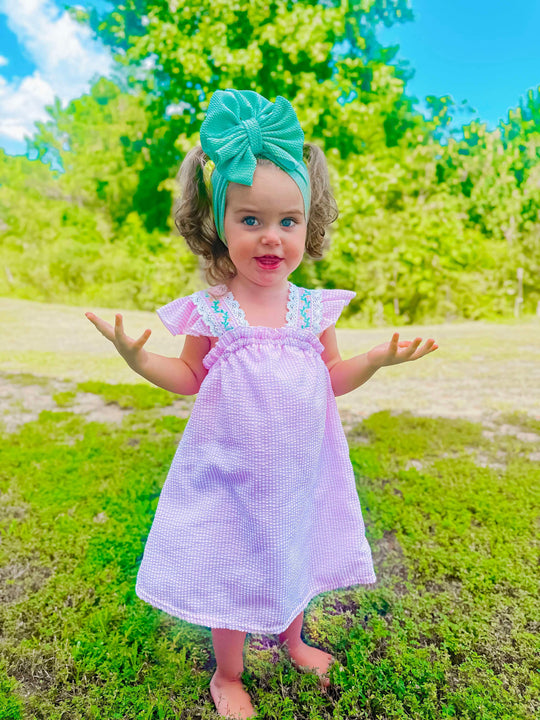 Pink Seersucker floral embroidery dress