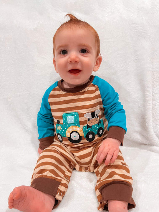 Brown stripe cow train romper