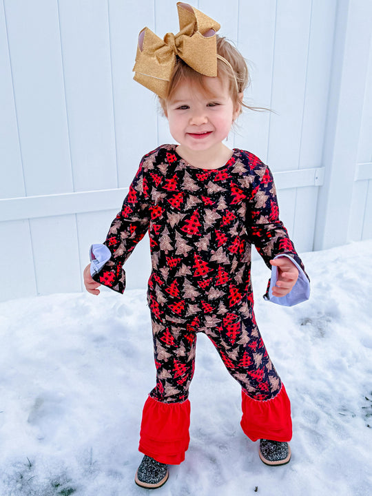 Buffalo Plaid trio trees two piece ruffle set