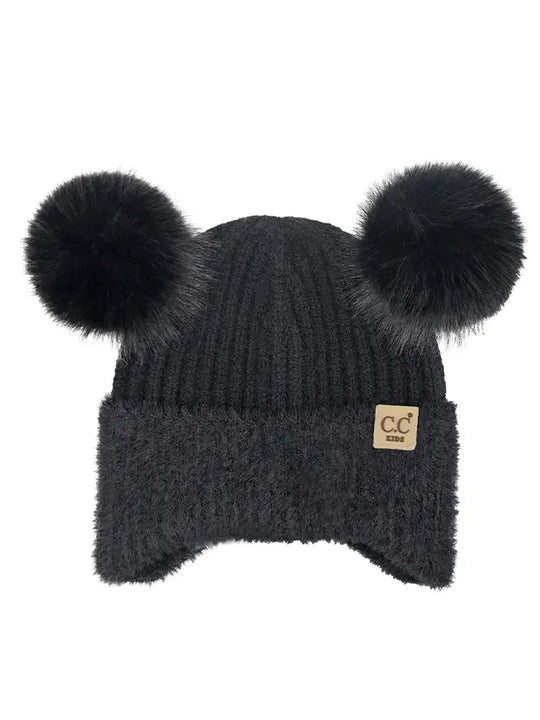 C.C Kids Fur Earflap Pom Pom Beanie Winter Hat - black