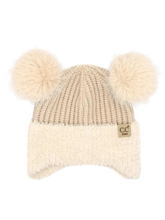 C.C Kids Fur Earflap Pom Pom Beanie Winter Hat - Beige