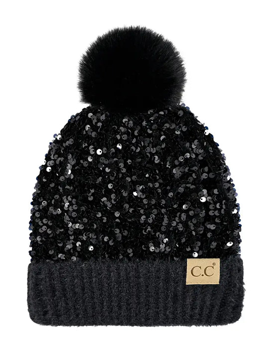 C.C Kids Sequin Fur Pom Beanie- black