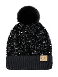 C.C Kids Sequin Fur Pom Beanie- black