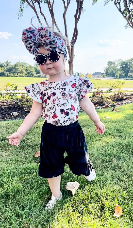 Black velvet ruffle shorts- runs long