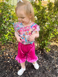 Pink velvet ruffle shorts- runs long