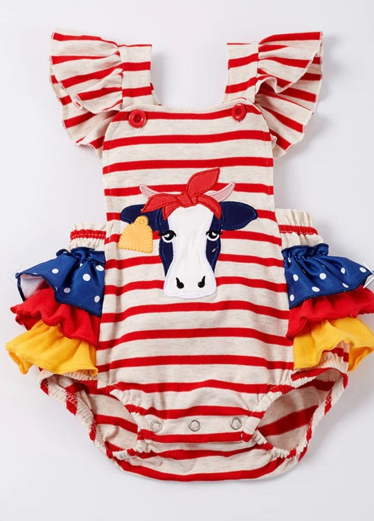 Red stripe cow ruffle romper