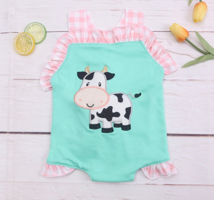 Mint cow & pink plaid romper
