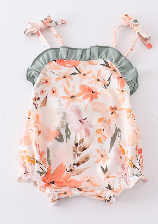 Coral floral tie romper