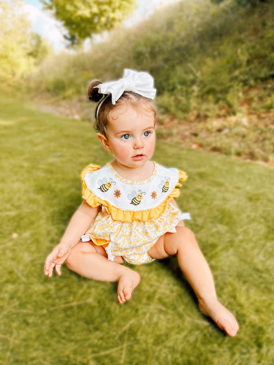 Mustard floral bee romper