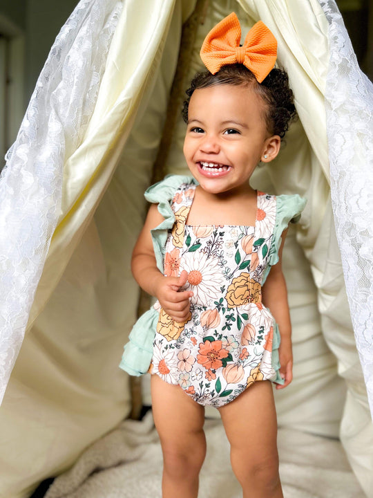 Vintage floral ruffle cross back Romper