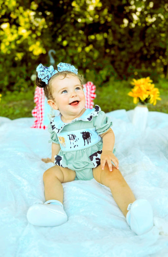 Green cow embroidered romper