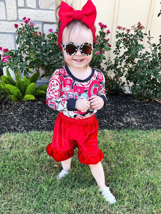 Red velvet ruffle shorts