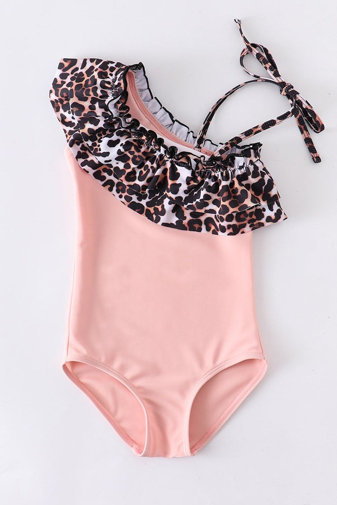 Leopard off shoulder pink bathing swimsuit