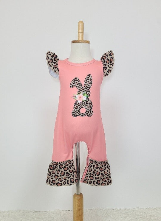 Clover Cottage Coral leopard bunny romper