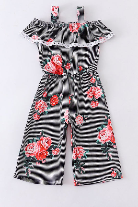 Stripe floral lace off shoulder overall romper