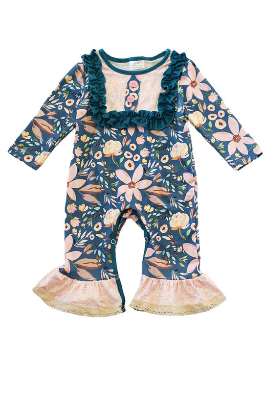 Blue floral romper with lace