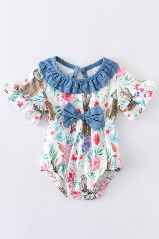 Floral Bunny Romper with denim trim