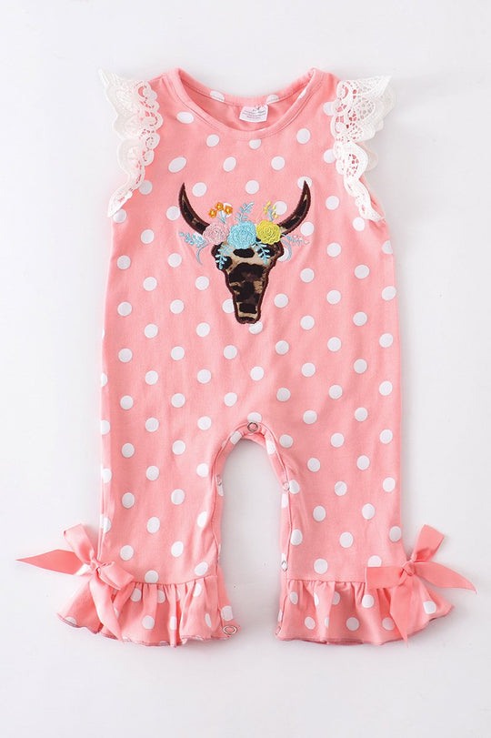 Pink polka dot skull romper