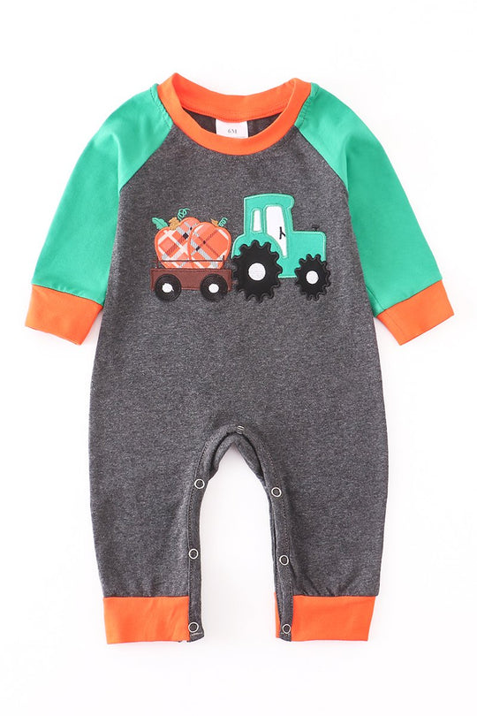 Boy gray pumpkin tractor romper