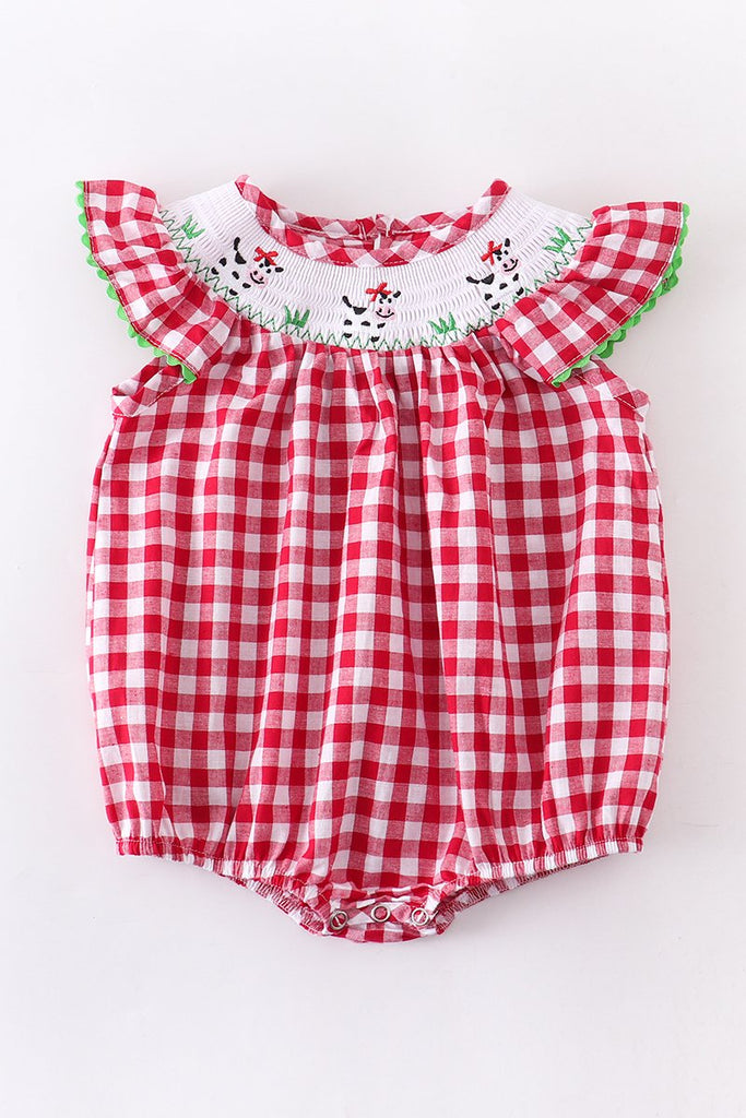 Red Gingham smocked cow romper