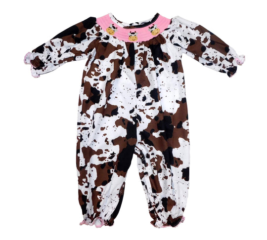 Brown cow smocked romper