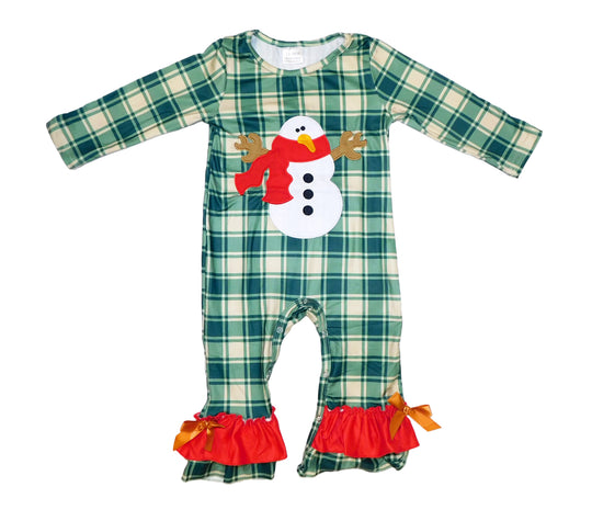 Green Plaid Snowman Romper