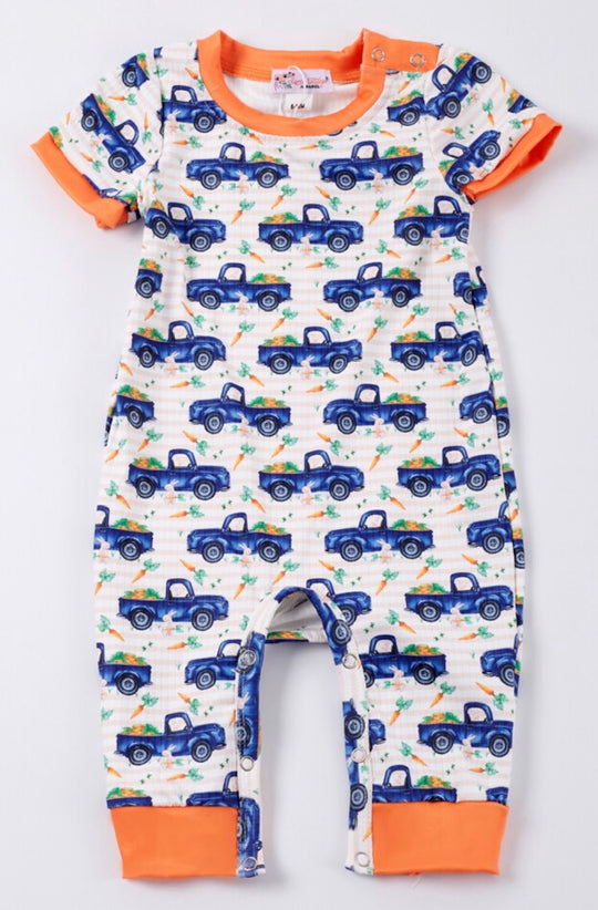 Clover cottage blue Carrot truck romper
