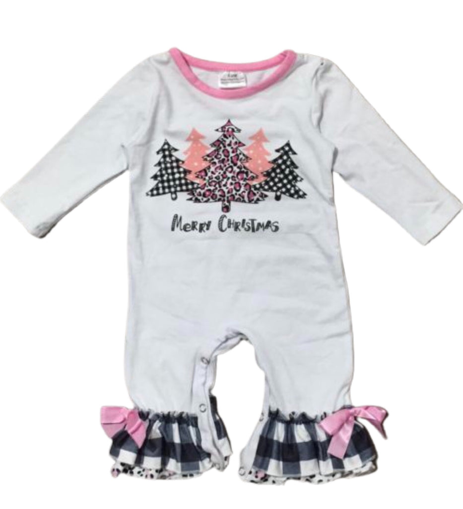 White and pink leopard christmas trees romper