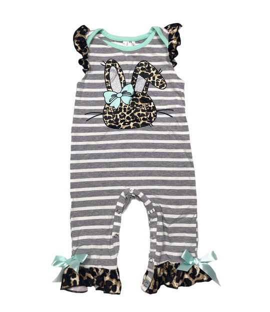 Gray leopard bunny stripe romper