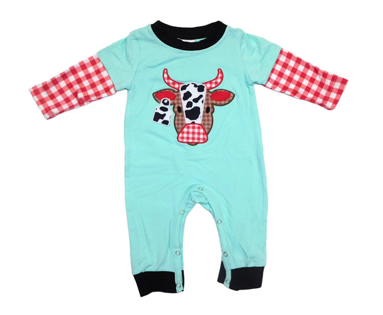 Blue and red boy cow romper